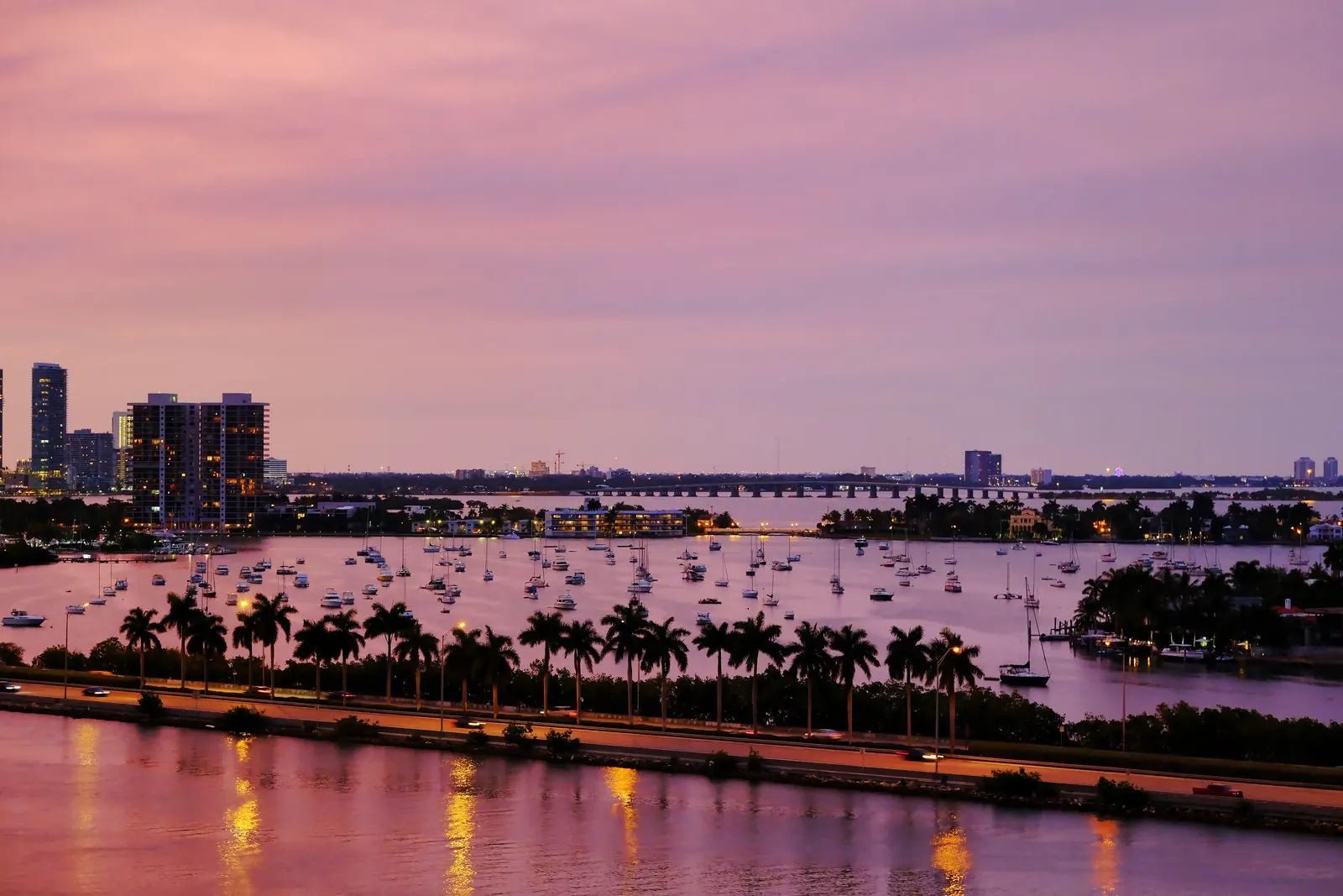 Miami skyline and Biscayne Bay at twilight