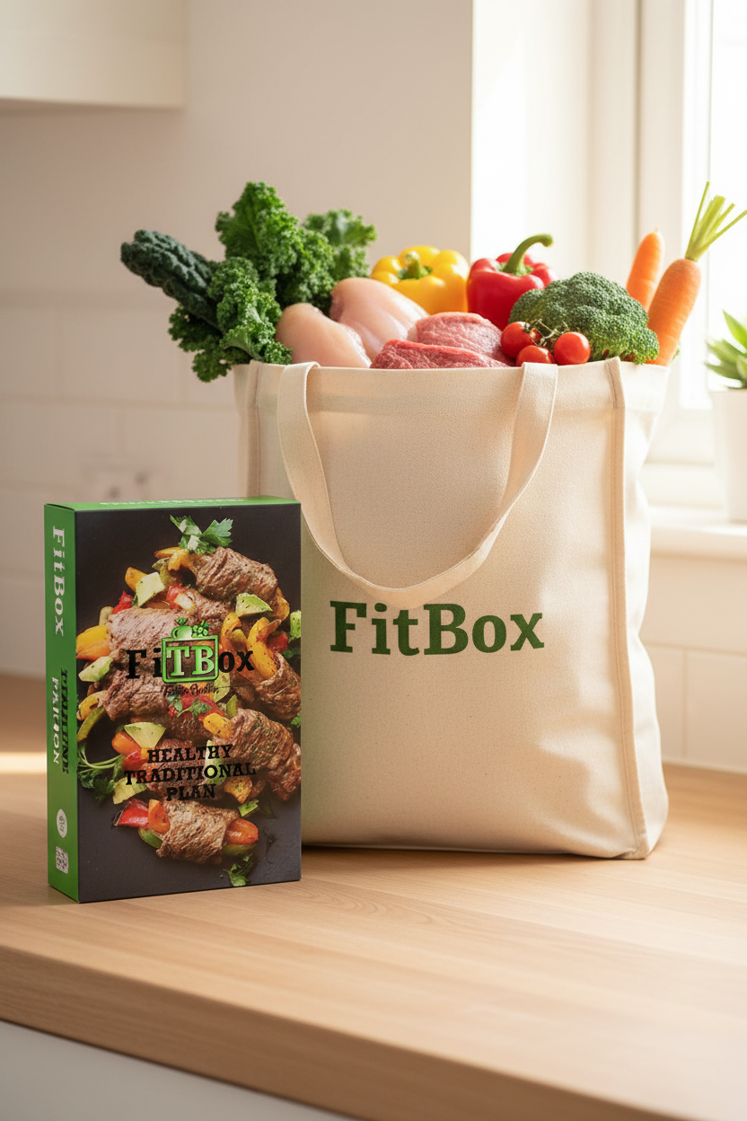 Healthy Traditional Meal Plan with branded grocery bag filled with meat and vegetables