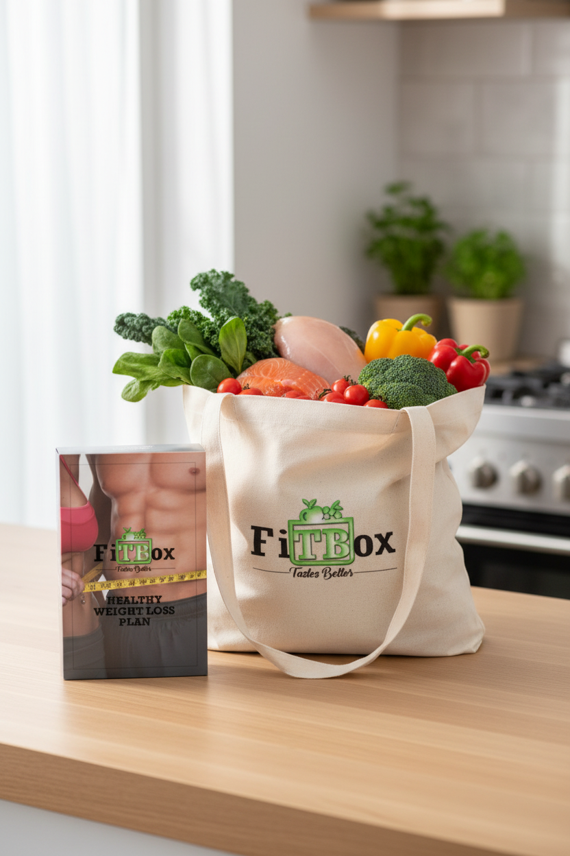 Healthy Weight Loss Meal Plan with branded grocery bag filled with meat and vegetables