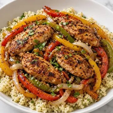 Chicken fajita bowl with peppers over cauliflower rice