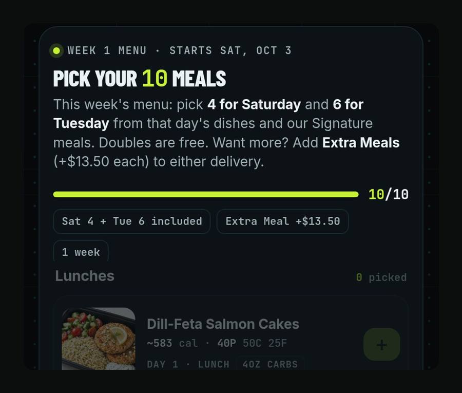 The meal picker on a Miami FitBox plan page